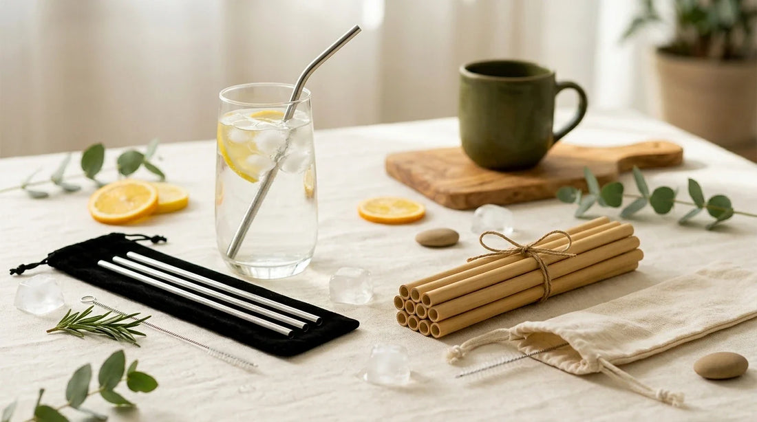Photographie Ecosense pour l'article « Paille Inox vs Paille Bambou : Quel Matériau Privilégier ? » — scène photoréaliste illustrant paille inox, paille bambou, paille réutilisable, comparatif paille écologique, alternative paille plastique, zéro déc