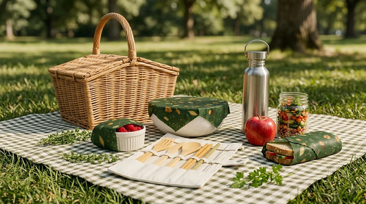 Photographie Ecosense pour l'article « Pique-Nique Écolo : Organiser un Repas en Plein Air sans Déchet » — scène photoréaliste illustrant pique-nique zéro déchet, Leave No Trace, plein air, palette olive et lime, ambiance zéro déchet authentique.