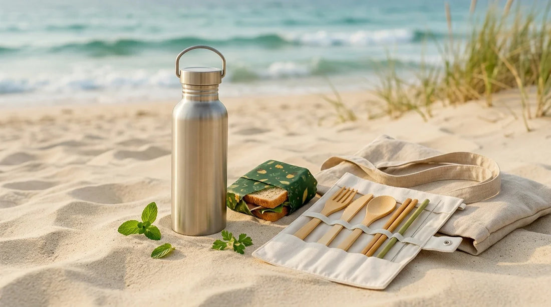 Photographie Ecosense pour l'article « Plage Sans Plastique : Comment Profiter de l'Été Durablement » — scène photoréaliste illustrant plage sans plastique, sac de plage zéro déchet, été durable, pollution plastique océan, gourde inox réutilisable, v