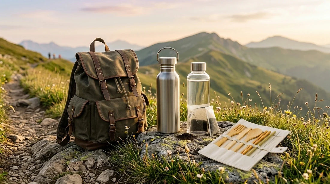 Photographie Ecosense pour l'article « Randonnée Zéro Trace : Respecter la Nature en Montagne » — scène photoréaliste illustrant randonnée zéro déchet, leave no trace France, gourde isotherme montagne, parc national réglementation, bivouac zéro trace