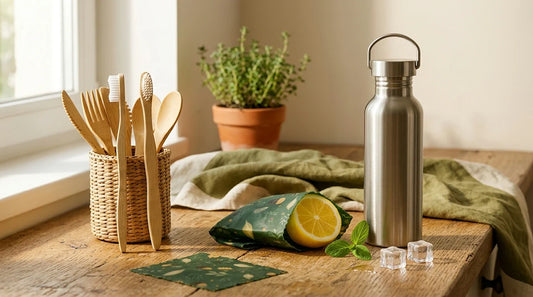 Photographie Ecosense pour l'article « La Règle des 5R : Refuser, Réduire, Réutiliser pour un Mode de Vie Zéro Déchet » — scène photoréaliste illustrant règle des 5R, mode de vie zéro déchet, idées zéro déchet, produits zéro déchet vs écologiques, ré