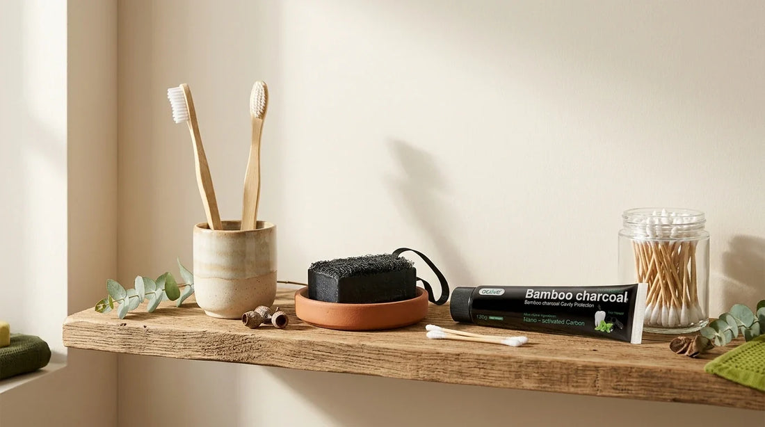 Photographie Ecosense pour l'article « Salle de Bain Zéro Déchet : Le Guide Ultime 2026 » — scène photoréaliste illustrant produits solides, savon shampoing solide, accessoires durables, palette olive et lime, ambiance zéro déchet authentique.