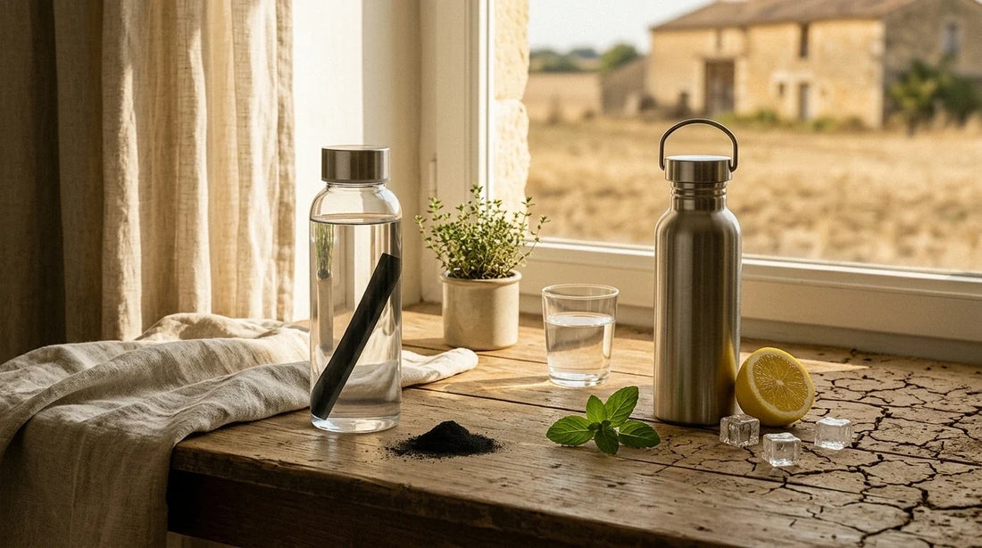 Photographie Ecosense pour l'article « Sécheresse en France : Pourquoi Chaque Geste Compte » — scène photoréaliste illustrant sécheresse France, économiser eau maison, consommation eau été, arrêté sécheresse, prélèvements d'eau, VigiEau, palette oliv