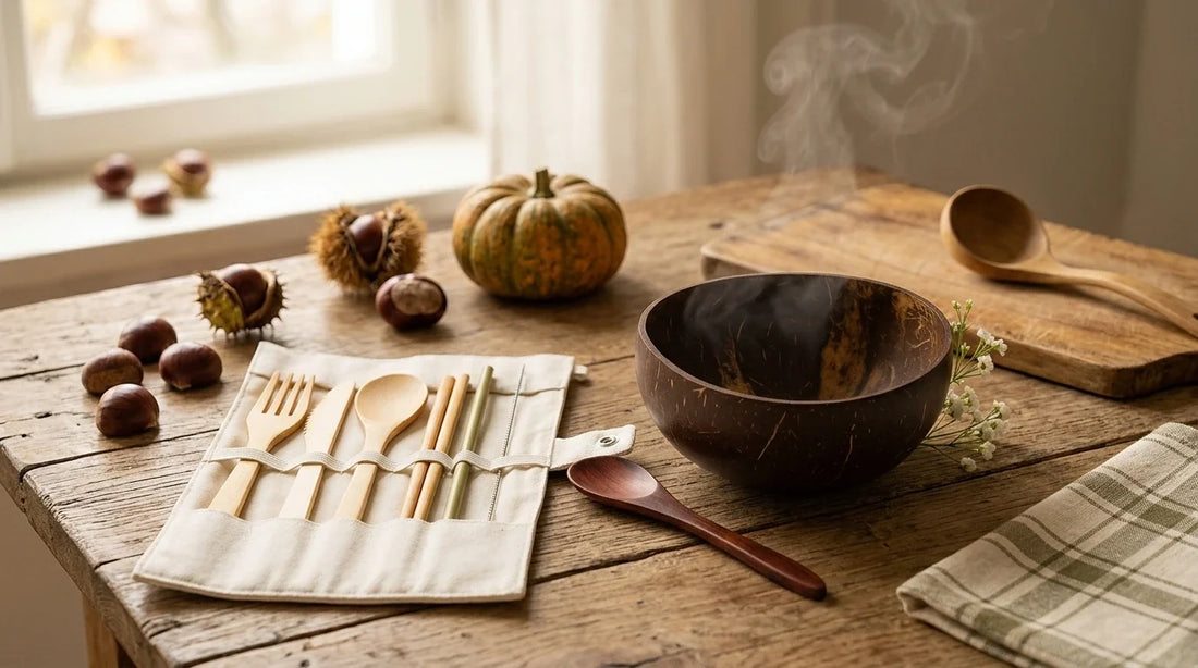 Photographie Ecosense pour l'article « Soupe d'Automne dans un Coconut Bowl : 5 Recettes Réconfortantes » — scène photoréaliste illustrant bol noix de coco, bol coco, coconut bowl, soupe d'automne, entretien bol noix de coco, palette olive et lime, a