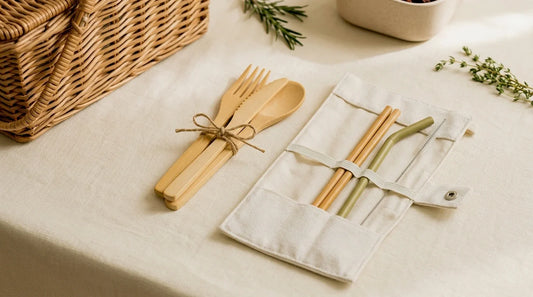 Photographie Ecosense pour l'article « Stop aux Couverts Jetables : Alternatives Bambou et Inox » — scène photoréaliste illustrant couverts jetables, alternatives couverts jetables, couverts bambou, couverts inox, vaisselle réutilisable, loi AGEC int