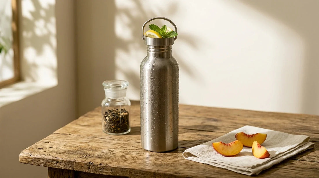 Photographie Ecosense pour l'article « Thé Glacé Maison : Recettes Fraîches dans votre Gourde Inox » — scène photoréaliste illustrant thé glacé maison, gourde inox, mug inox isotherme, gourde isotherme montagne, infusion à froid, thé glacé sans sucre