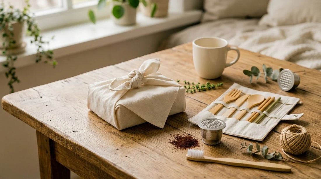 Photographie Ecosense pour l'article « Top 5 Coffrets Cadeaux Éco-Responsables en 2026 » — scène photoréaliste illustrant coffret cadeau écologique, emballages cadeaux écologiques, idée cadeau zéro déchet, furoshiki, coffret cadeau éco-responsable, p