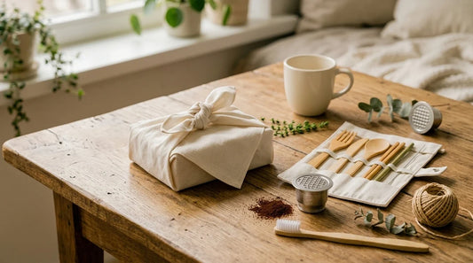 Photographie Ecosense pour l'article « Top 5 Coffrets Cadeaux Éco-Responsables en 2026 » — scène photoréaliste illustrant coffret cadeau écologique, emballages cadeaux écologiques, idée cadeau zéro déchet, furoshiki, coffret cadeau éco-responsable, p