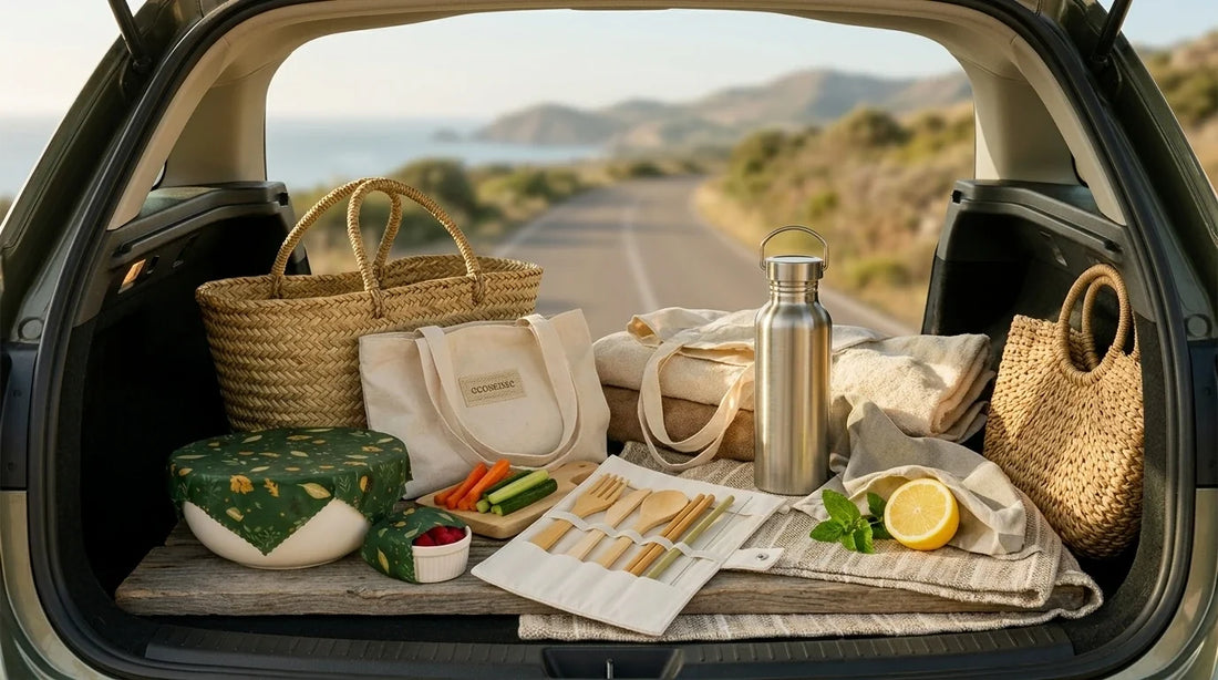 Photographie Ecosense pour l'article « Vacances Zéro Déchet en Famille : Check-List Complète » — scène photoréaliste illustrant voyage zéro déchet, pique-nique zéro déchet, kit voyage zéro déchet, vacances zéro déchet famille, tri déchets vacances, p