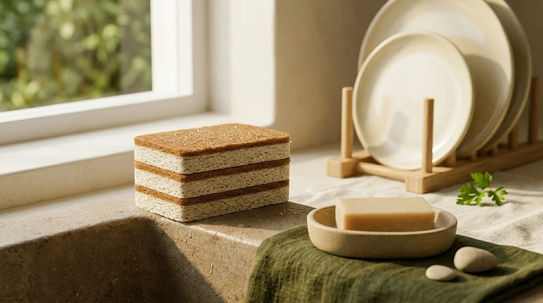 Photographie Ecosense pour l'article « Vaisselle Écologique : Liquide Maison ou Éponge Naturelle ? » — scène photoréaliste illustrant vaisselle écologique, liquide vaisselle maison, éponge naturelle, éponge écologique, vaisselle zéro déchet, fibre de