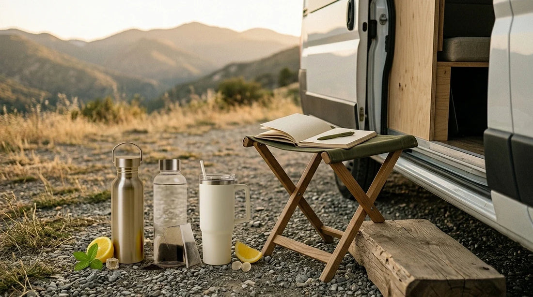 Photographie Ecosense pour l'article « Van Life Écolo : Vivre en Camion Sans Polluer » — scène photoréaliste illustrant van life écologique, camping car écolo, toilettes sèches van, eaux grises van, stationnement van légal, palette olive et lime, amb