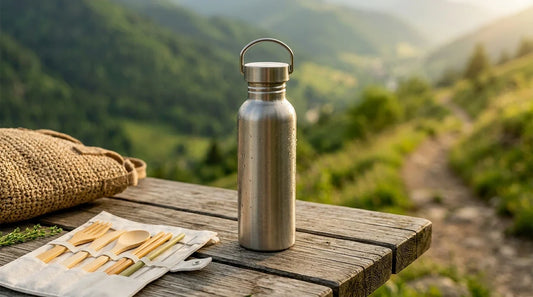 Photographie Ecosense pour l'article « Voyager Éco-Responsable : Le Guide Complet du Tourisme Durable » — scène photoréaliste illustrant voyage éco-responsable, tourisme durable, voyage zéro déchet conseils, gourde isotherme montagne, trousse zéro dé