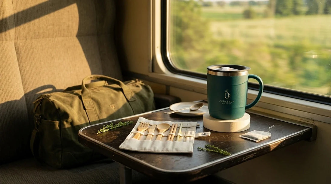 Photographie Ecosense pour l'article « Voyager en Train : L'Alternative Écolo à l'Avion » — scène photoréaliste illustrant train vs avion écologie, voyage train europe, empreinte carbone transport, trains de nuit, trousse zéro déchet voyage, billet t