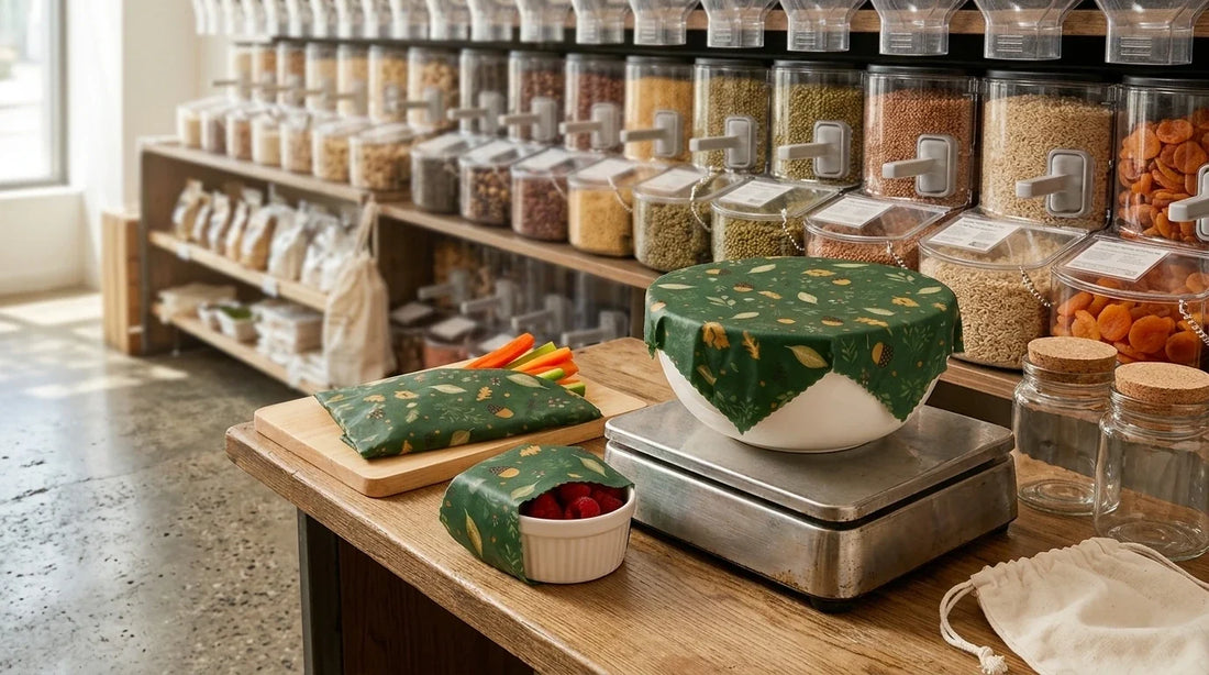 Photographie Ecosense pour l'article « Vrac en Supermarché : Comment s'y Mettre Facilement » — scène photoréaliste illustrant vrac supermarché, sacs à vrac, loi AGEC contenant réutilisable, tare rayon vrac, bocal verre vrac, hygiène vrac, palette oli