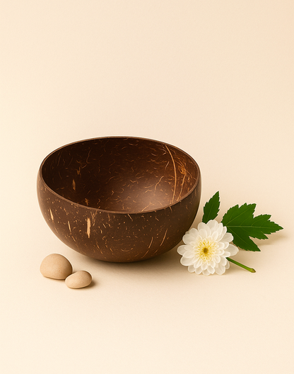 Bol en noix de coco naturel brun posé près d'une fleur blanche, de feuilles vertes et de galets