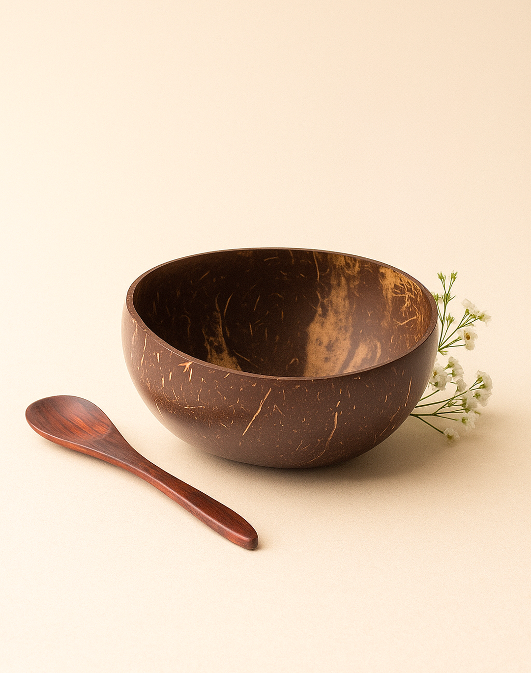 Bol en noix de coco naturel brun accompagné d'une cuillère en bois et de petites fleurs blanches