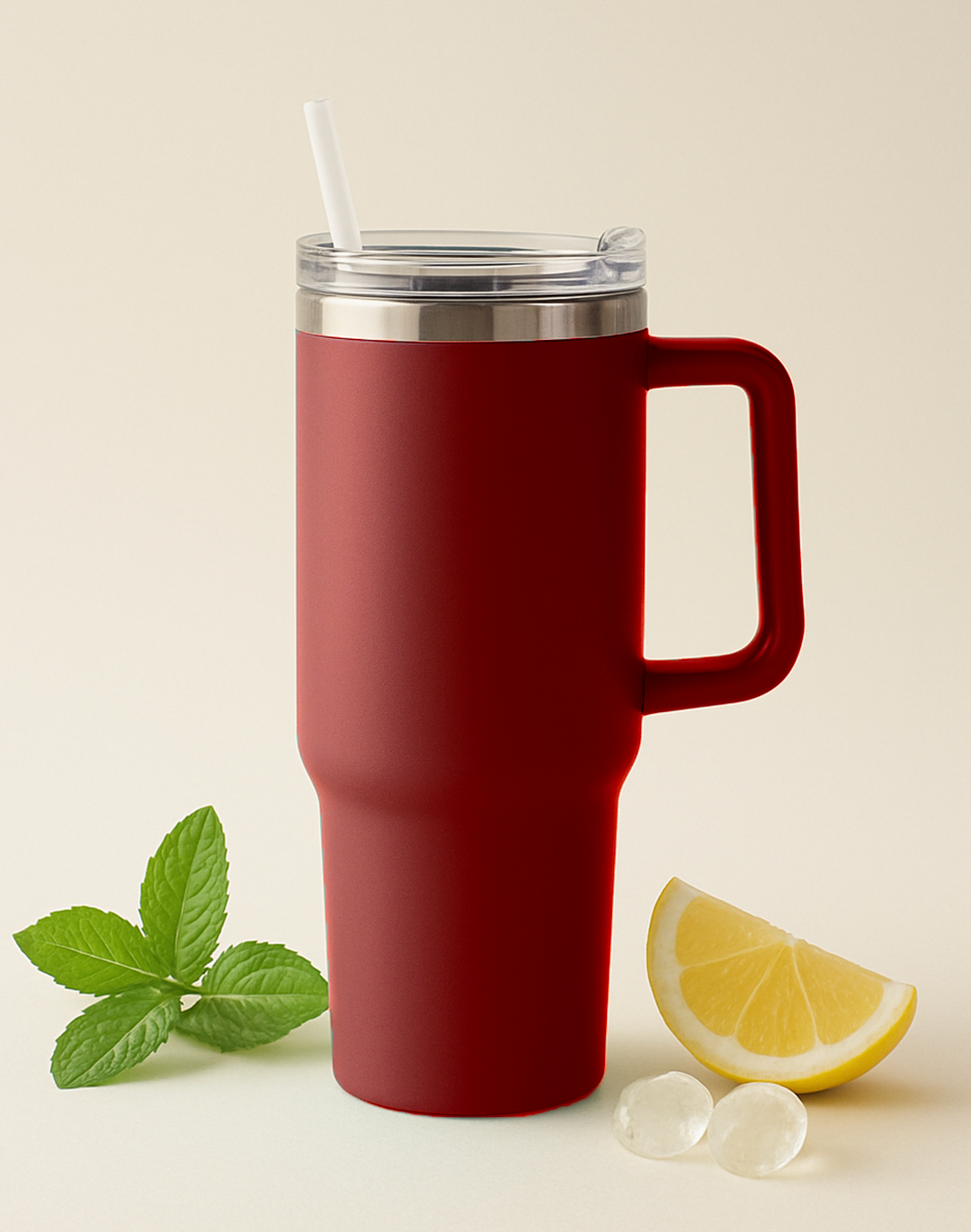 Mug isotherme inox 1200 ml avec couvercle, paille et poignée