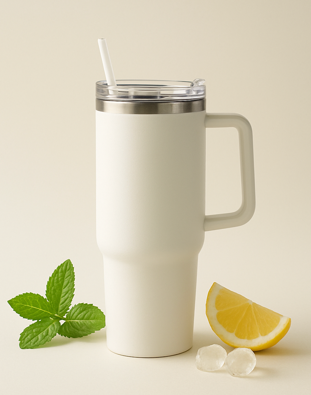 Mug isotherme inox 1200 ml avec couvercle, paille et poignée