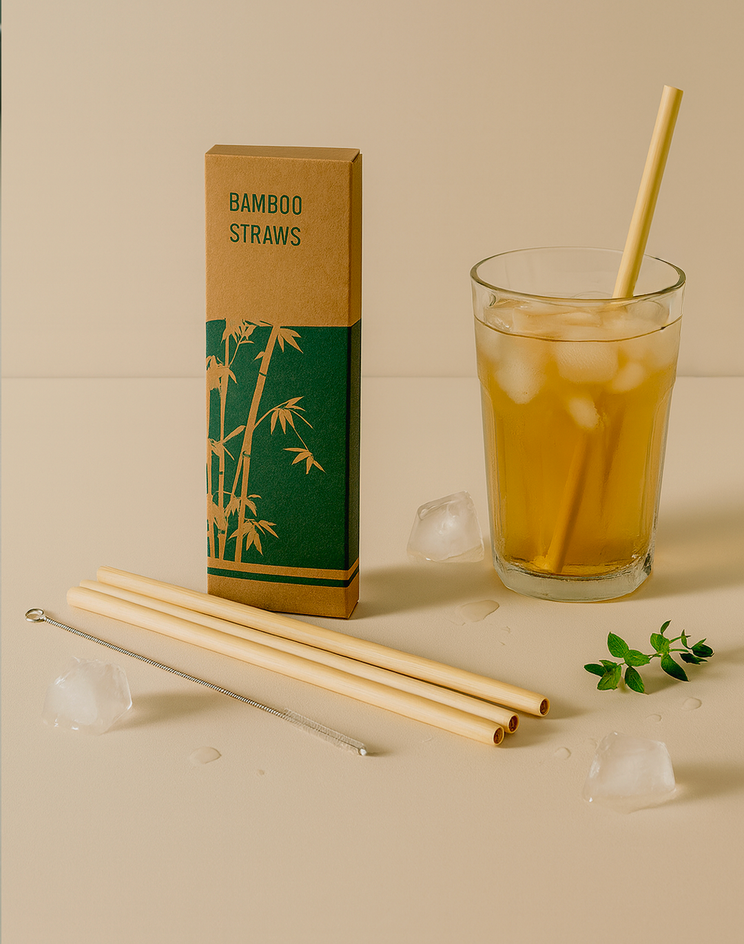 Lot de 10 pailles en bambou avec goupillon