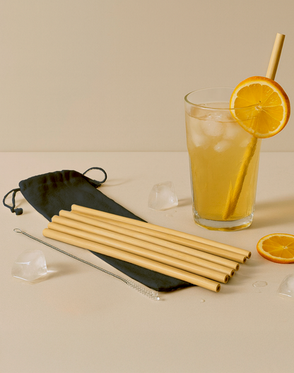 Lot de 10 pailles en bambou avec goupillon